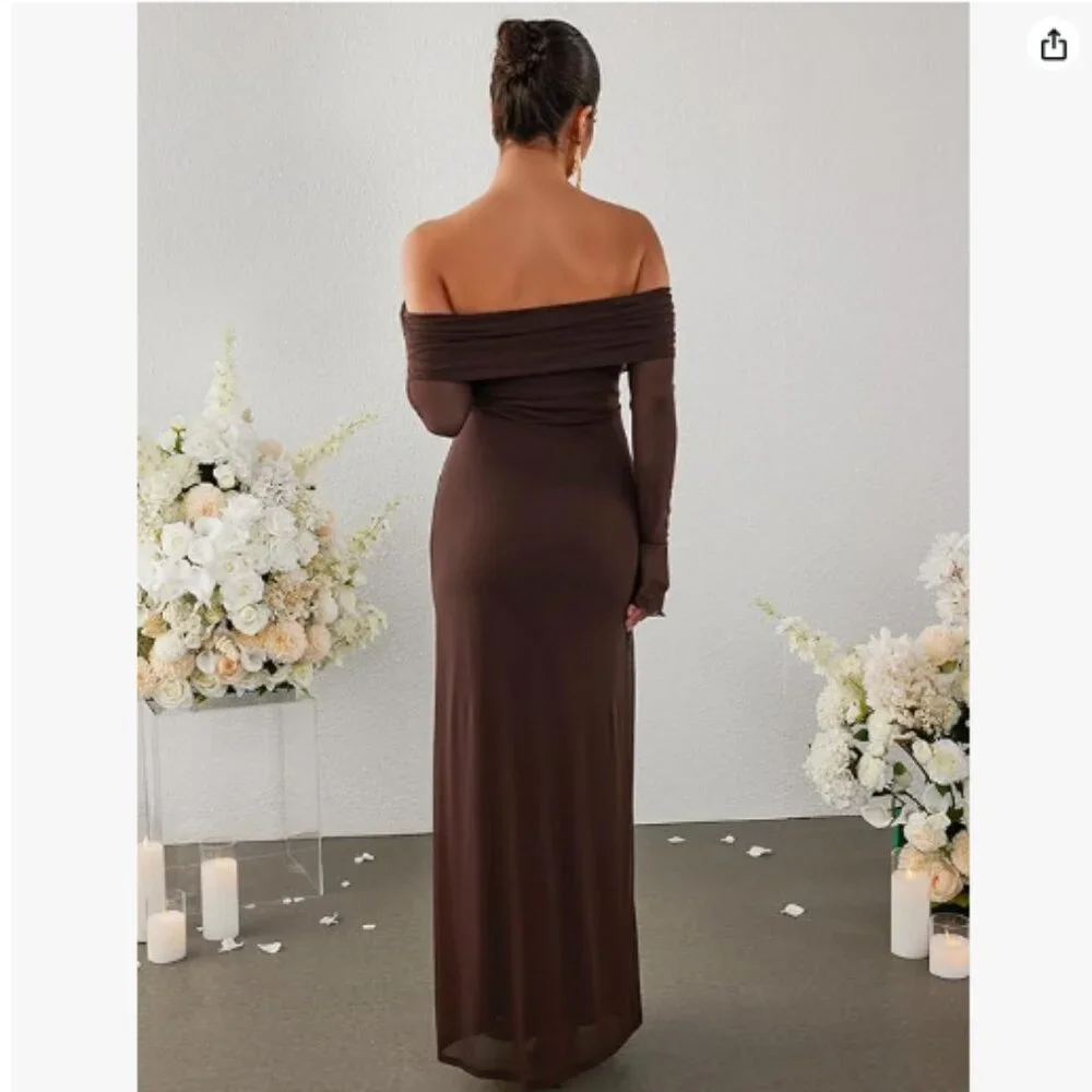 KUTUMAI Women Off Shoulder Bodycon Maxi Dress Long Sleeve Mesh Ruched - Picture 2 of 4